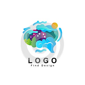 Brain logo, mind, think building and nature, tree, cloud, nature harmony