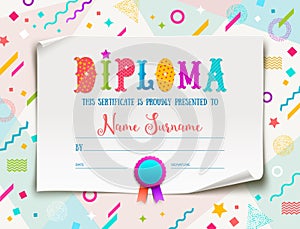 Template of kids diploma for kindergarten, school, preschool or playschool.