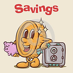savings concept. shine smile coin mascot holding piggy bank in front save deposti box hlding money llustration