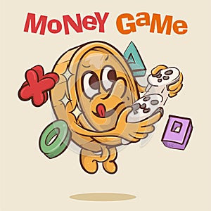 money gameconcept. shine coin mascot with face playing video games concept.vintage style money mascot illustration