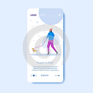 Template for landing page with woman walking with dog on leash in the winter park. Outdoor activity concept. Vector