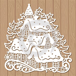 Template for laser cutting. Christmas winter landscape. Vector