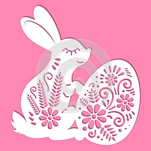 Template for laser cutting. Easter bunny with an egg. Vector