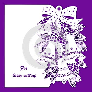 Template for laser cutting. Postcard with Christmas bells and spruce and holly branches. Vector