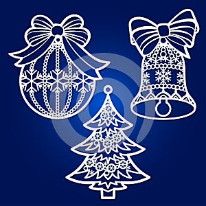 Template for laser cutting. A set of openwork Christmas tree decorations. Vector