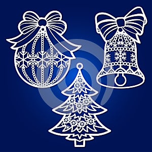 Template for laser cutting. A set of openwork Christmas tree decorations. Vector photo