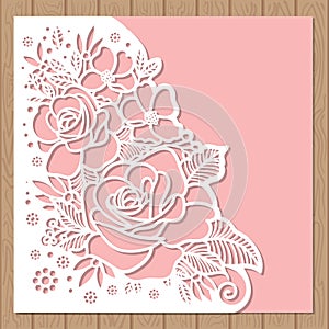 Template for laser cutting. Square envelope with roses. Vector