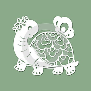 Template for laser cutting. Turtle with a butterfly. Vector