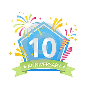 Template Logo 10th anniversary with fireworks and number10 in it and labeled the anniversary year.Vector