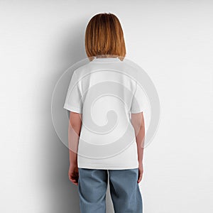 Template of a long white kid shirt, close-up, textured t-shirt for a girl, casual wear for a child, for design. Product