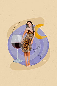 Template magazine collage image of funky young lady have cocktail festive event enjoy dancing after wine glass