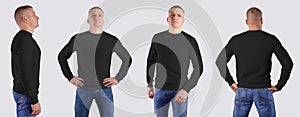 Template of male black texture pullover on a sports man in blue jeans, front, back, side view, isolated on background