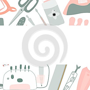 Template with manicure or pedicure equipment vector pattern set  with nail scissors, polish, nail drill machine.