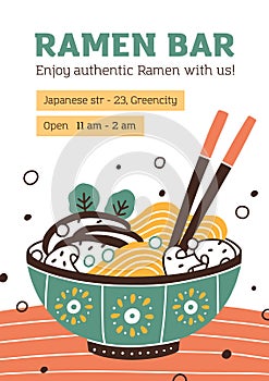 Template of menu cover for Asian cuisine restaurant. Design of leaflet for Japanese food bar. Bowl of ramen or noodle