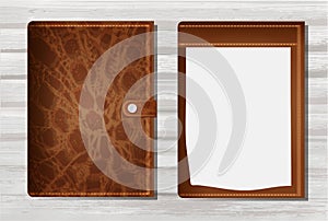 Vector, realistic, leather file folder, papers isolated on wooden background