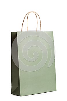 Template mockup of retail paper shopping bag isolated on white. Packet for gift or present.