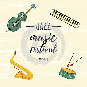 Vector illustration with saxophone, piano keyboard, violin, drum.