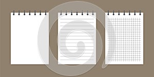 Template notebook empty paper. lined, squared and blank paper sheet. Notepad mockup with spiral. Vector