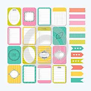 Template for notebooks. Cute design elements. Flat style. Notes, labels, stickers. Collection of various note papers