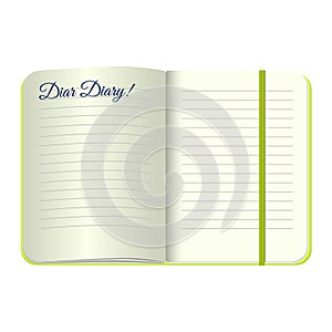 Template Open a blank notepad with the words Dear Diary. Vector personal diary with a green cover and bookmark. on white