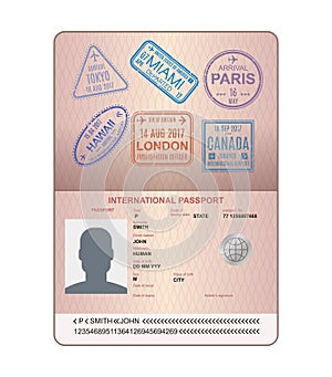 Template of an open passport with stamps, seals. Travel, immigration.