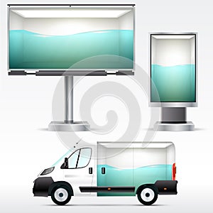 Template outdoor advertising or corporate identity on the car, billboard and citylight. For business, branding and advertising com