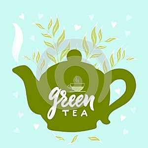 Template of package with hand draw teapot, text Green tea, vapor, leaves, hearts blue background. Vector