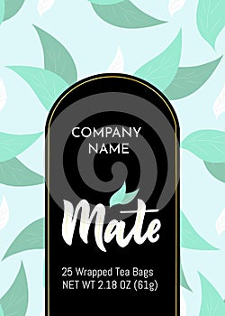 Template of packaging Mate tea, company name. Pattern with leaves, gold frame. Finished design for box, pack, business card of