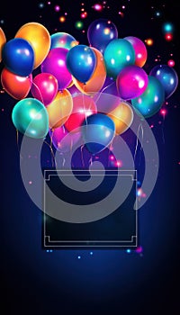 Template for party invitation, poster or flyer. Birthday or dancing party background. Flying colorful balloons. With copyspace for