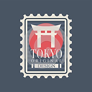 Template of postage stamp with most famous landmark of Tokyo. Symbol of Torii gate on red circle. Capital city Japan