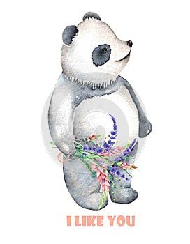 Template of postcard with watercolor illustration panda and bouquet of flowers
