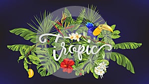 Template of poster, banner, postcard with tropical flowers and plants and bird