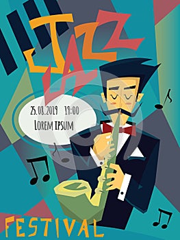 Template of poster for jazz concert. A man plays the saxophone. Vector illustration.