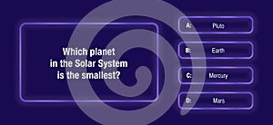 A template of questions and answer options for a quiz on a dark blue neon background. Test, exam, questions for a TV