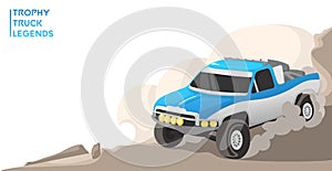 Template of racing pickup car, truck trophy, dakar rally legends against desert sand dunes background