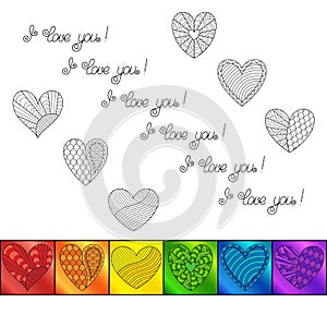 Template with Rainbow Squares with Colorful Hearts and Inscripti
