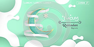 Template for Ramadan Kareem with green and gold color. 3D Vector illustration design in paper cut and craft  for islamic greeting