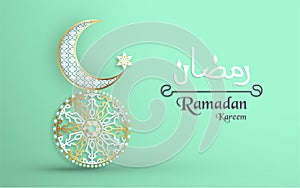 Template for Ramadan Kareem with green and gold color. 3D Vector illustration design in paper cut and craft  for islamic greeting