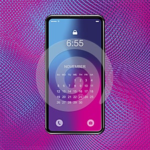 Template realistic smartphone with a gradient and screen lock on a colour background. Phone with set of web icons and calendar wit