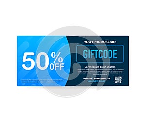 Template red and blue gift card. 500 dollars voucher. Promo code. Vector Gift Voucher with Coupon Code. Vector illustration.