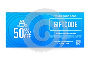 Template red and blue gift card. Promo code. Gift Voucher with Coupon Code. stock illustration