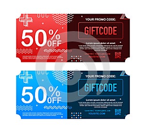 Template red and blue gift card. Promo code. Vector Gift Voucher with Coupon Code. Vector stock illustration.