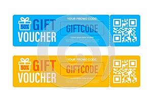 Template red and blue gift card. Vector Gift Voucher with Coupon Code. Discount voucher. Vector stock illustration