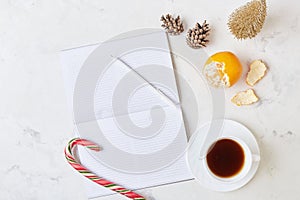 template scene with coffee cup, caramel stick and New Year's resolutions, setting the tone for fresh beginnings