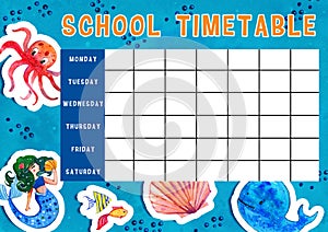 Template of school timetable with days of week and free spaces for notes. Hand drawn watercolor Illustration with sea animals