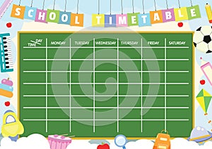 Flat Template School Timetable with Education Elements on blue background.