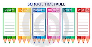 Template school timetable for students or pupils with days of week and free spaces for notes. Vector illustration.