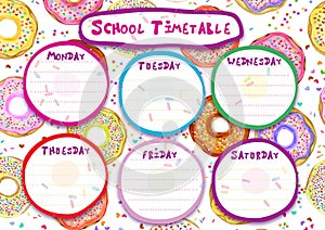 Template school timetable,  tasty, sweet donuts design
