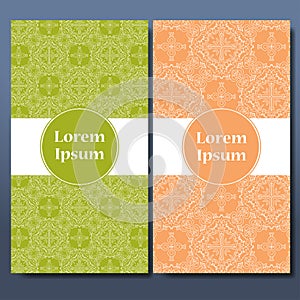 Template set of cards. Ornamental borders and patterned background. Mandala. Frame for greeting card or wedding invitation. Vector