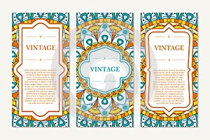 Template set of cards. Ornamental borders and patterned background. Mandala. Frame for greeting card or wedding invitation. Vector